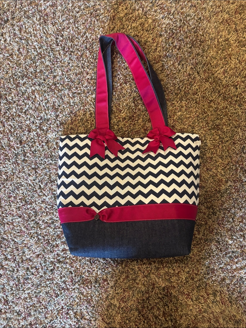 Chevron Navy and White Tote with Pink Accents